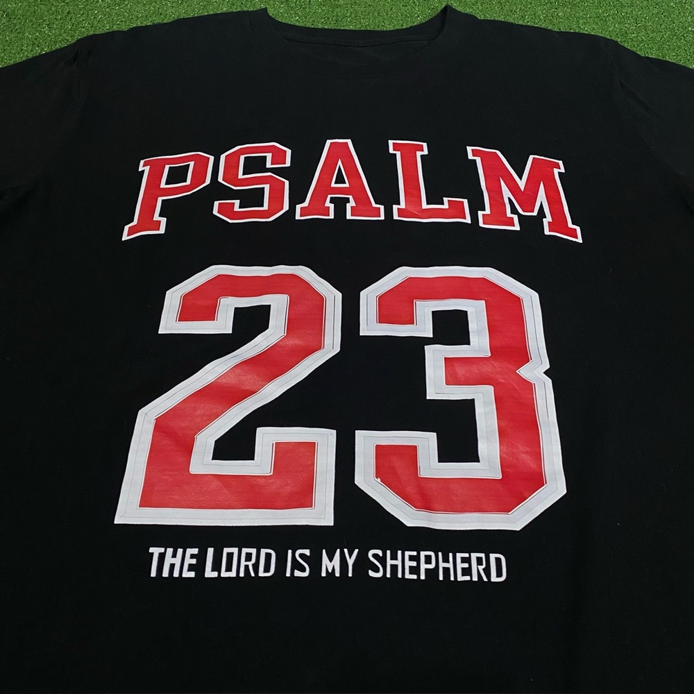 Psalm 23 T-Shirt Men's Black Varsity Jersey Style The Lord Is My Shepherd Large